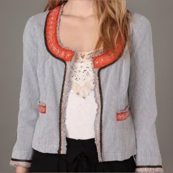 Free People FP Blue White & Orange Striped Jacket, Size 2, Beaded Fringe Boho - Picture 1 of 8